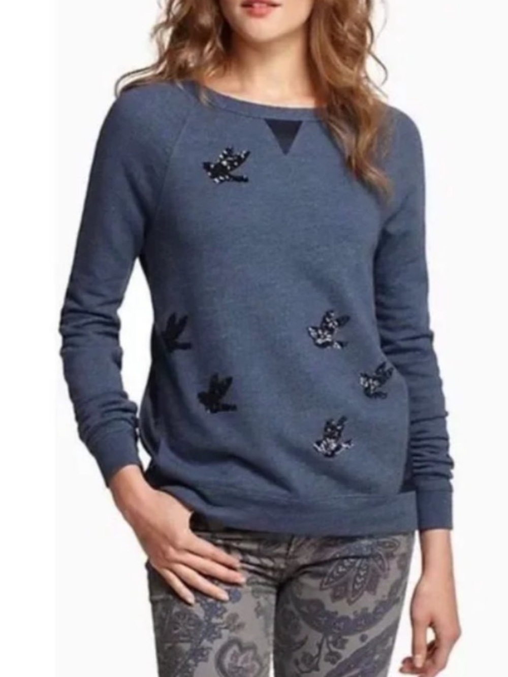 Anthropologie Leifnotes Navy Blue "Migrating Birds" Sequin Sweatshirt Medium